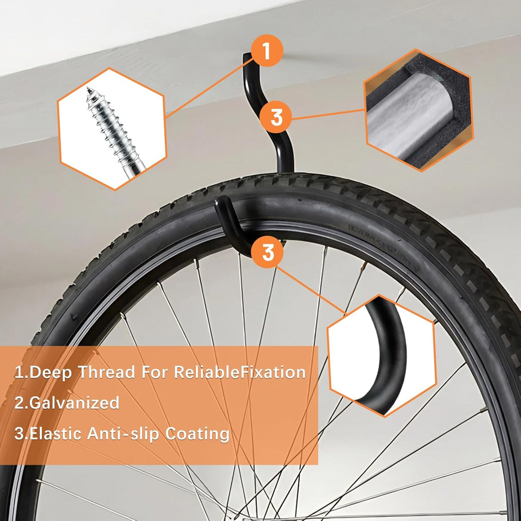 Skiennix Heavy Duty Bike Hooks - Rust Resistant Wall Mount Storage for Bicycles & Tools | 8-Pack