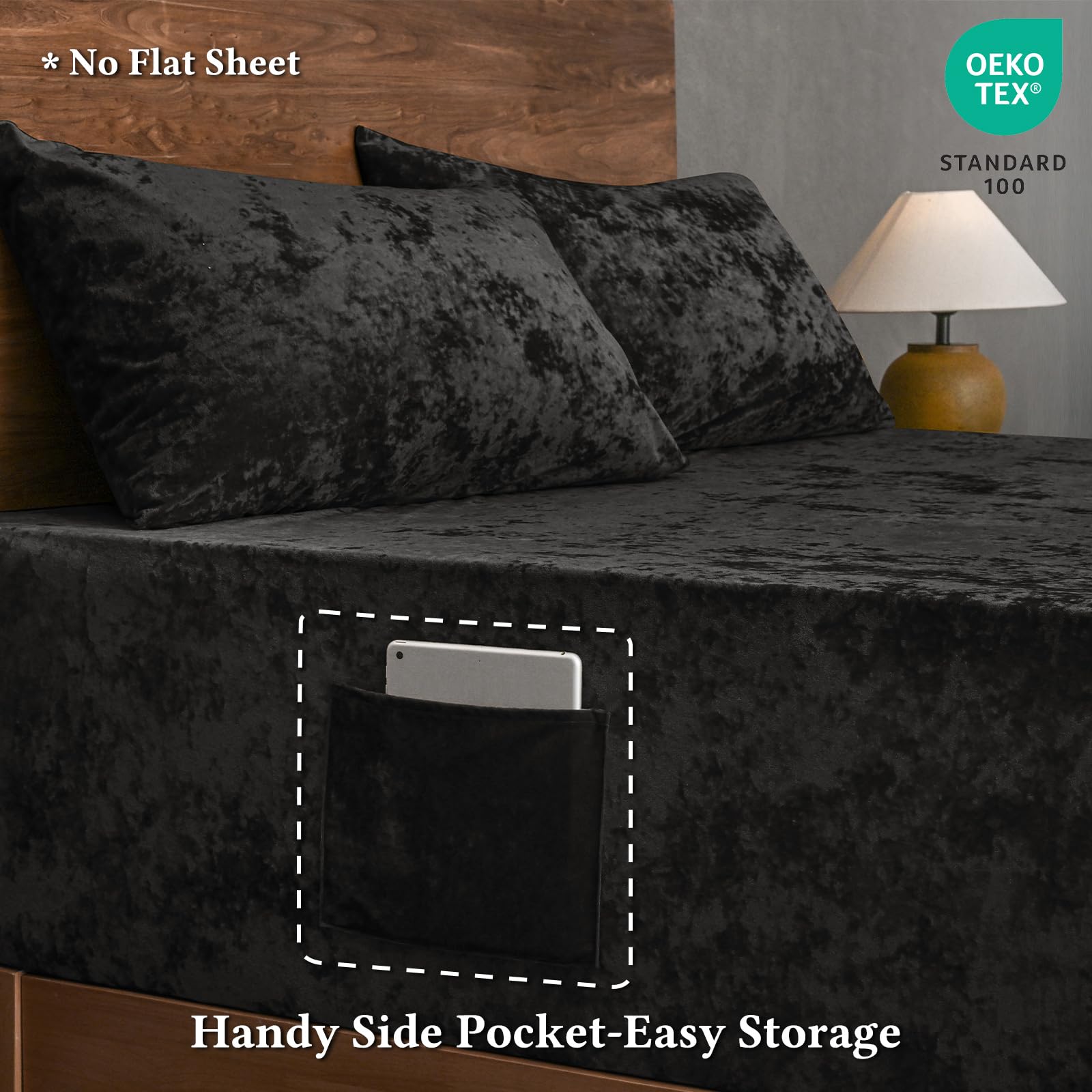 David's Home Velvet Fitted Sheet and Pillowcases Set Queen Size, Extra Deep Pocket up to 18", Soft Plush Fleece Bottom Sheet with Side Pocket & Elastic Corner Straps, Fall Winter, Black