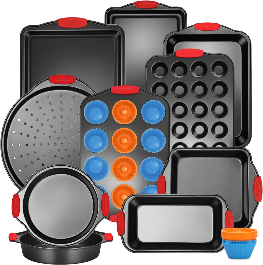 Skiennix Baking Pans Set - 34 PCS Nonstick Bakeware with Silicone Handles | Includes Cookie Sheet, Cake Pans, Muffin Pan & More