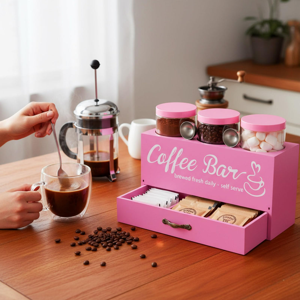 Skybooly 3 Pcs Coffee Bar Containers Set Include Coffee Sugar Container with Lid and Spoon and Double Layer Storage Box with Drawer for Bar Kitchen Countertop (Pink)