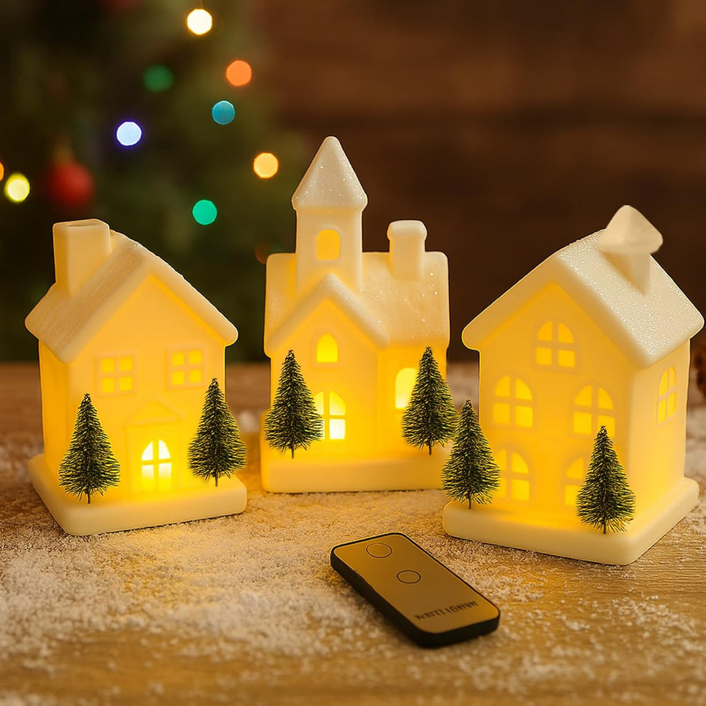 Regine Switzerland Indoor Christmas Village Set - 3 Lighted Ceramic Houses with Trees | Rustic White Holiday Decor