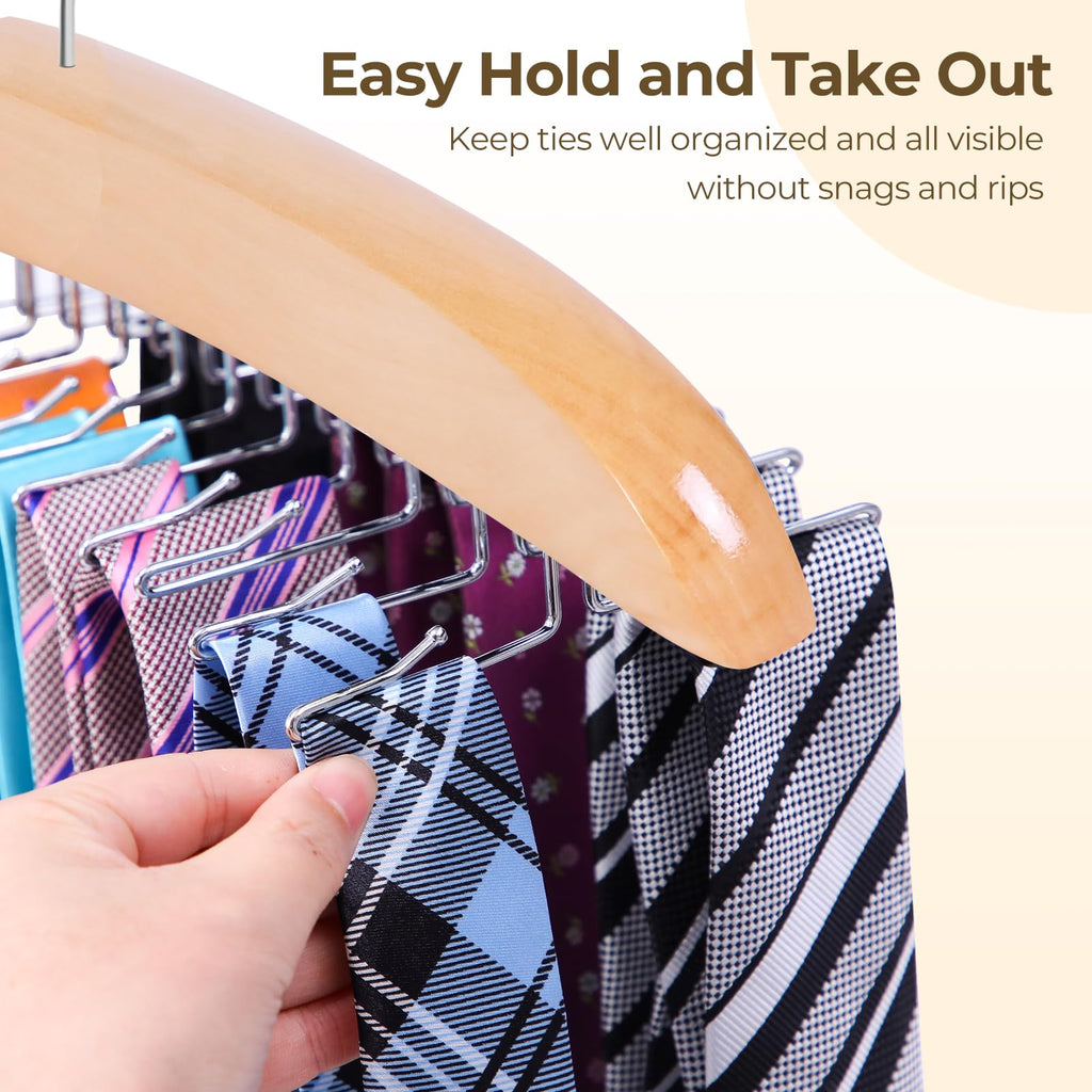 Ohuhu 24-Hook Wooden Tie Rack Organizer - Space Saving Closet Hanger with 360° Rotating Hooks, Anti-Slip Clips for Ties, Belts, Scarves - Premium Hardwood & Rustproof Steel Construction