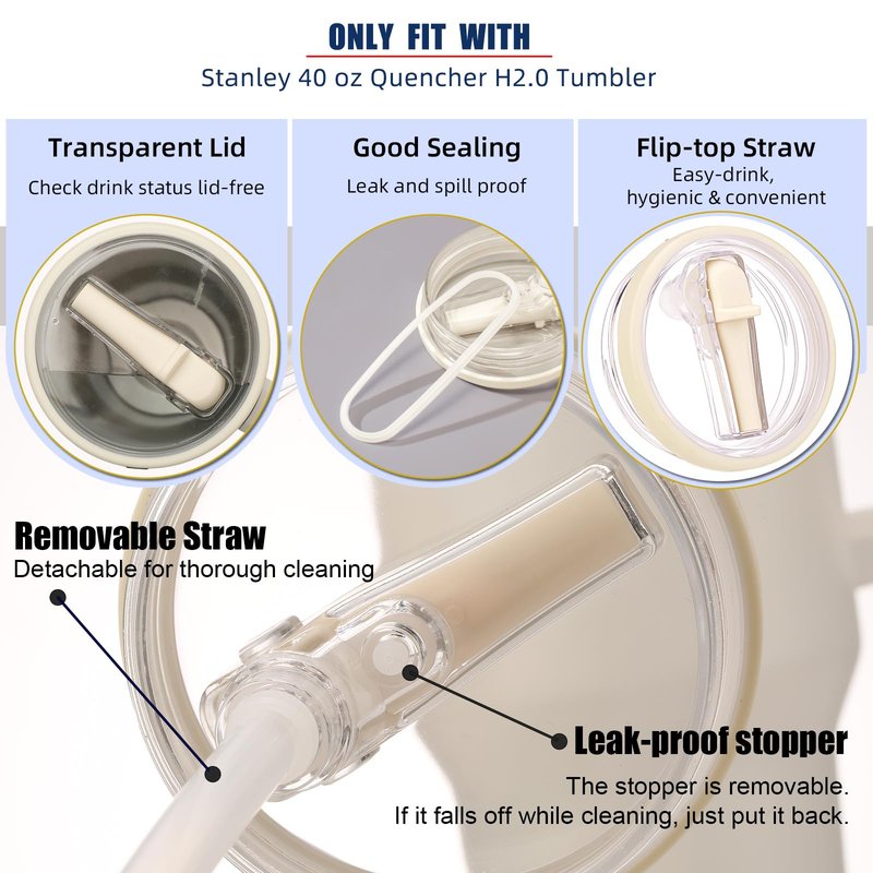 2 Pack Leakproof Stanley Lid Replacement 40 oz for Quencher H2.0 Cup Accessories, Cream-colored, Flip Straw Leak Proof 40oz Tumbler Lid for Stanley, BPA-free Cup Top, Spill Proof Straw Cover