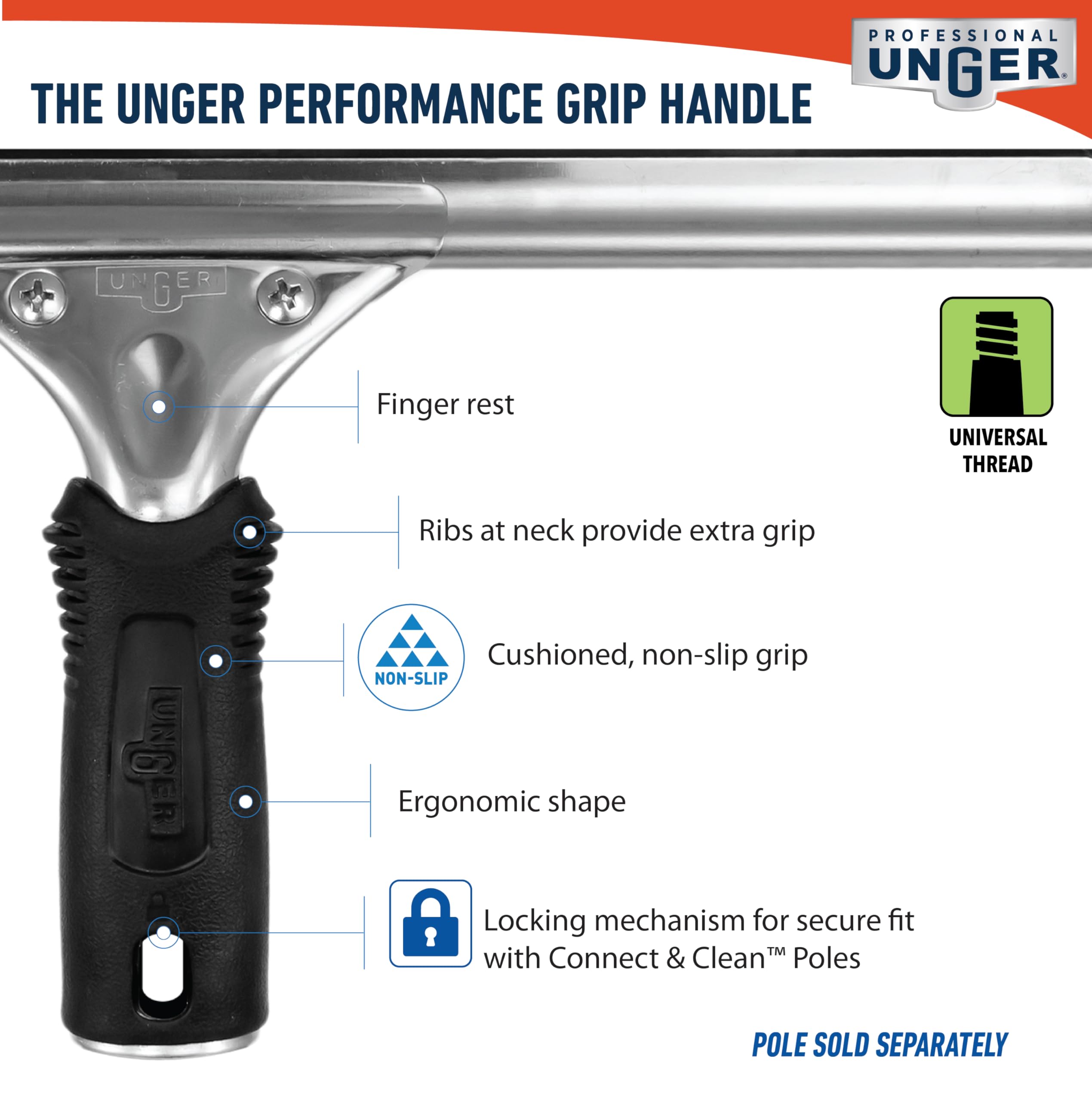 Unger Connect and Clean 16” Performance Window and Glass Cleaning Squeegee with Replacement Rubber, Cleaning Supplies, Heavy Duty Household Cleaner Tools with Streak-Free Results