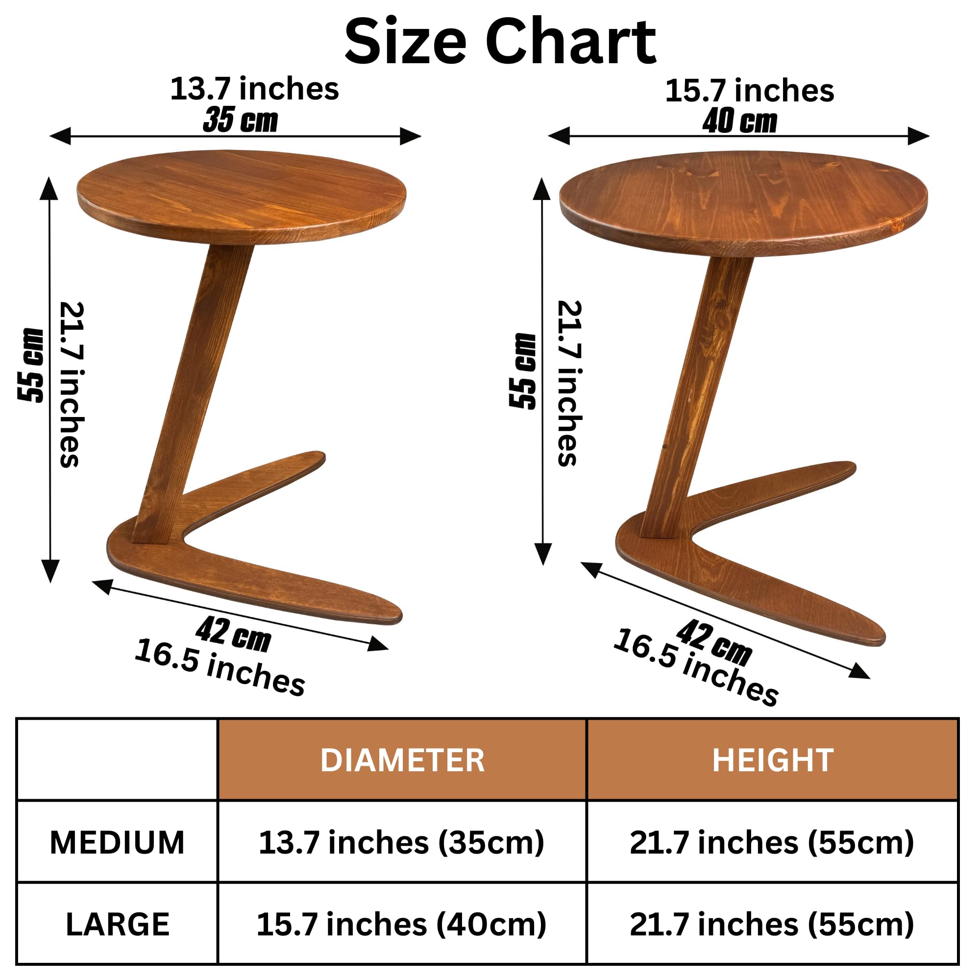 GENESIS WOODESIGN C-Shaped Handmade End Table, Side Table for Couches, Sofa Tables Slide Under Couch for Living Room, Over Couch TV Tray Table for Small Spaces (Large, Chestnut)