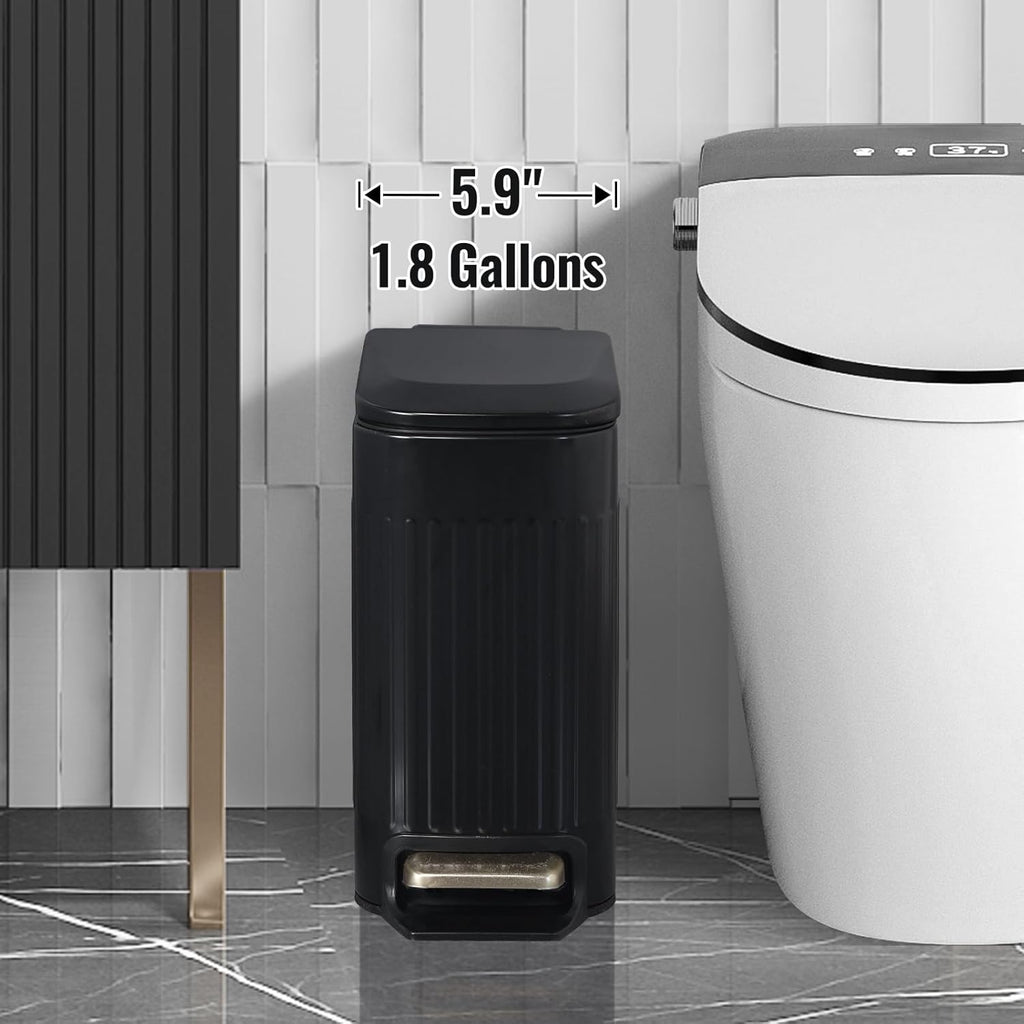 SYNCVIBE Slim Bathroom Trash Can - Foot-Operated Stainless Steel Bin with Soft Close Lid | 1.8 Gallons, Matt Black
