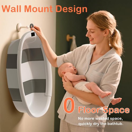 Collapsible Baby Bathtub - Portable Infant Bath Tub with Thermometer & Cushion | Foldable Toddler Bath for Newborns 0-36 Months (Grey)