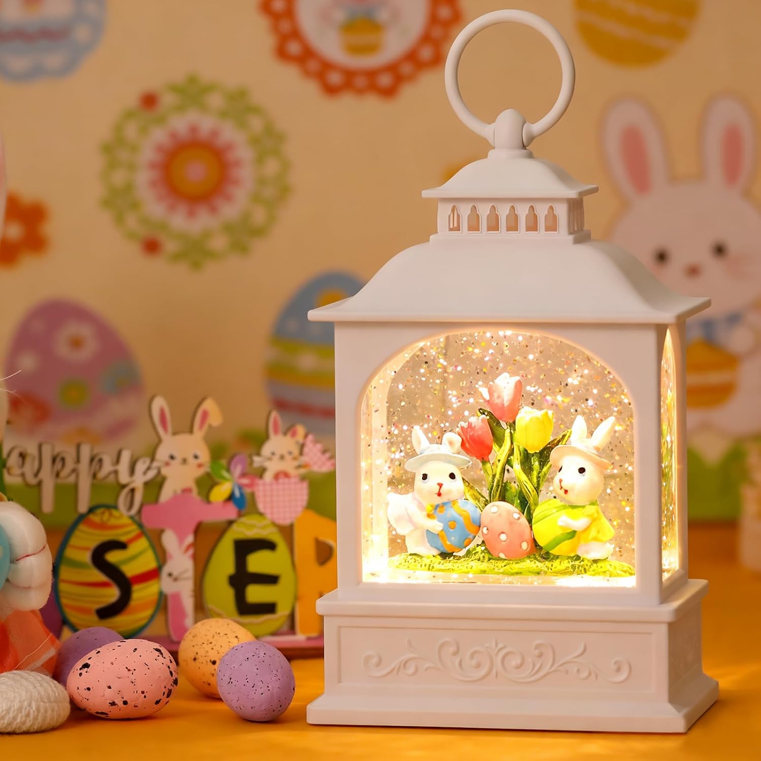Skiennix Easter Bunny Snow Globe - Glitter Lantern with 6-Hour Timer for Spring Decor