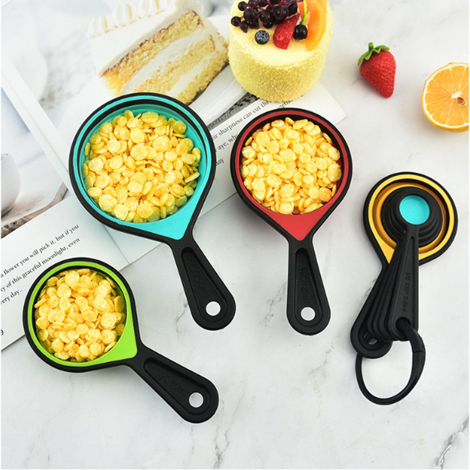 VUFVOID 8pcs Collapsible Silicone Measuring Cups and Spoons Set Adjustable Measuring Cup Camper Kitchen Accessories Measure Cups and Spoons Set, 1/4-1, vion1