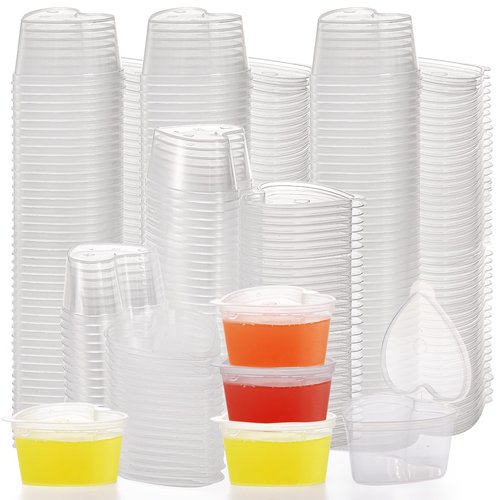 Frcctre 200 Pack 1.5 oz Disposable Plastic Portion Cups with Lids, Heart Shaped Plastic Jello Shot Cup Souffle Cups Leak Proof Condiment Containers for Sauces, Samples, Jello Shot, Slime, Craft