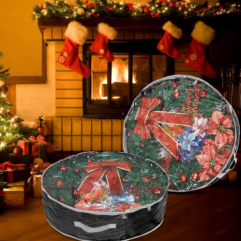 Propik Christmas Wreath Storage Bag - Tear Resistant Holiday Container with Clear Window | 36 Inch, Black - 2 Pack