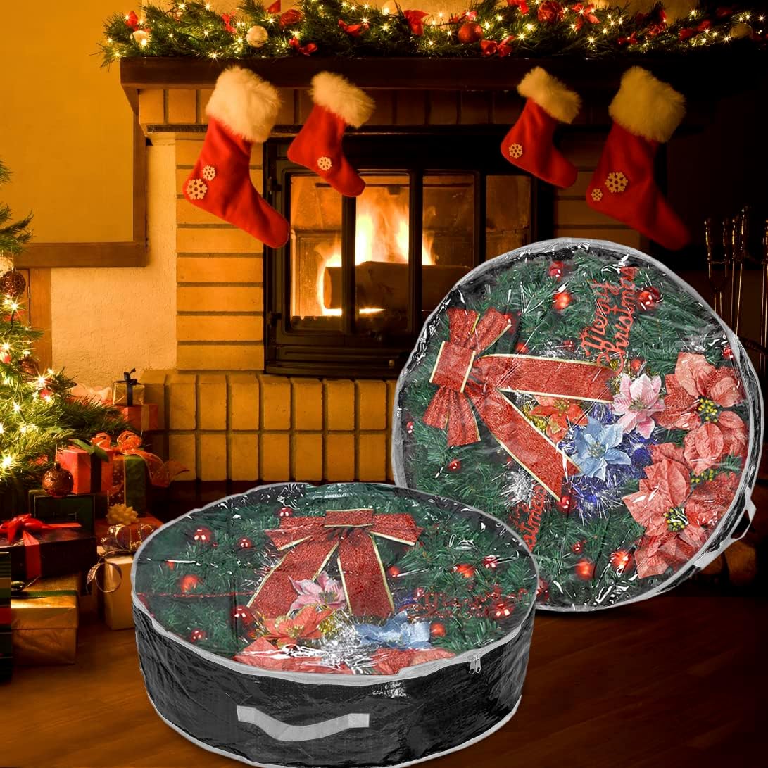 Propik Christmas Wreath Storage Bag - Tear Resistant Holiday Container with Clear Window | 36 Inch, Black - 2 Pack