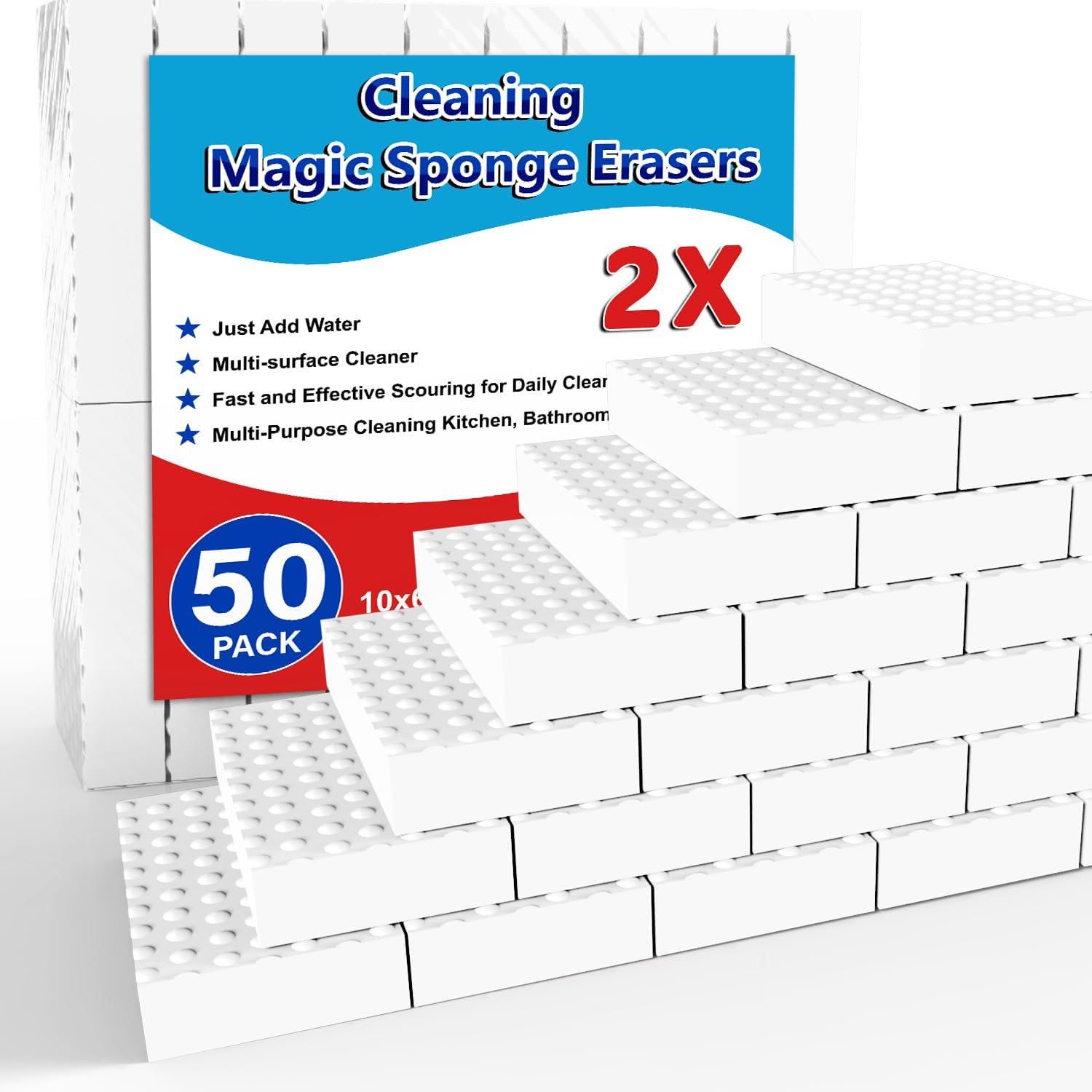 SmilinFit Magic Sponge Erasers - 50 Pack of 2X Density Melamine Foam Pads | Multi-Functional Cleaning for Kitchen & Bathroom