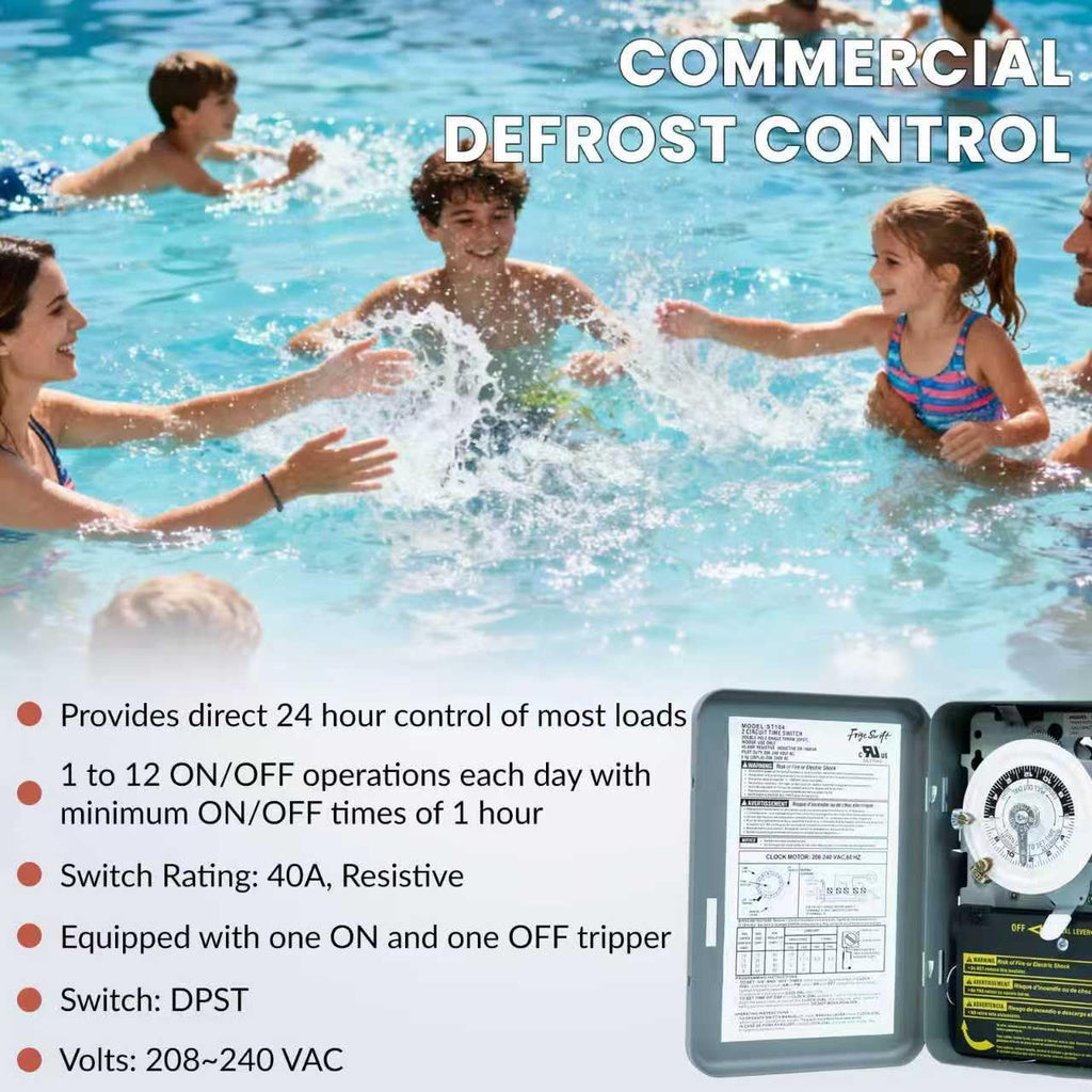 T104 24-Hour Heavy-Duty Mechanical Timer, 40A DPST Switch, 12 On/Off Cycles, 208-240V, for Commercial Defrost, Lighting & Water Heaters，Indoor Use Only