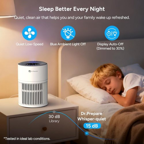 Dr. Prepare Air Purifier - H13 HEPA Filter, 15 dB Sleep Mode & Night Light | Covers Up to 1075 ft²