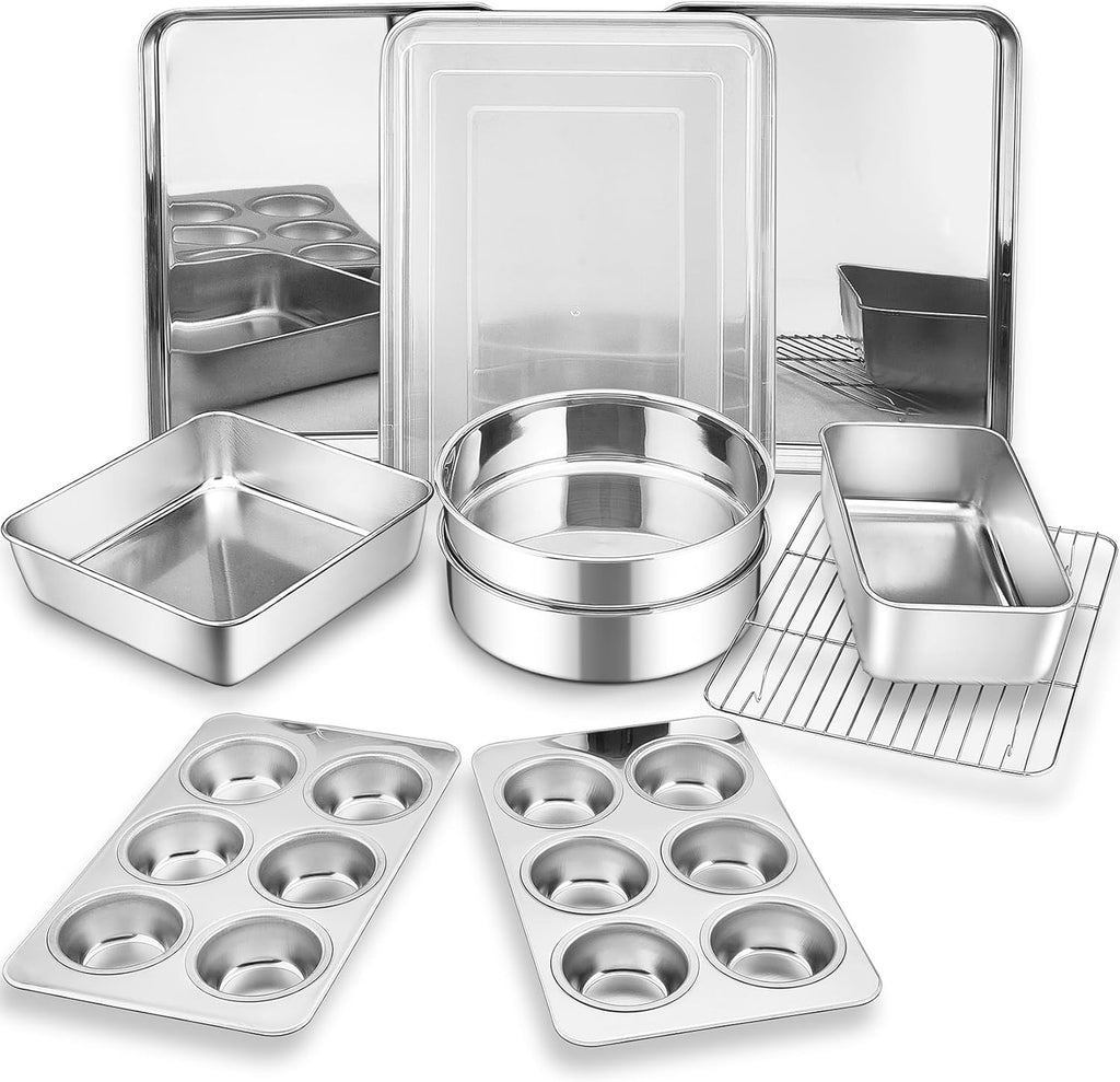 P&P CHEF Bakeware Set - 11-Piece Stainless Steel Baking Pans with Rack, Lasagna Pan, Cake Pans & More