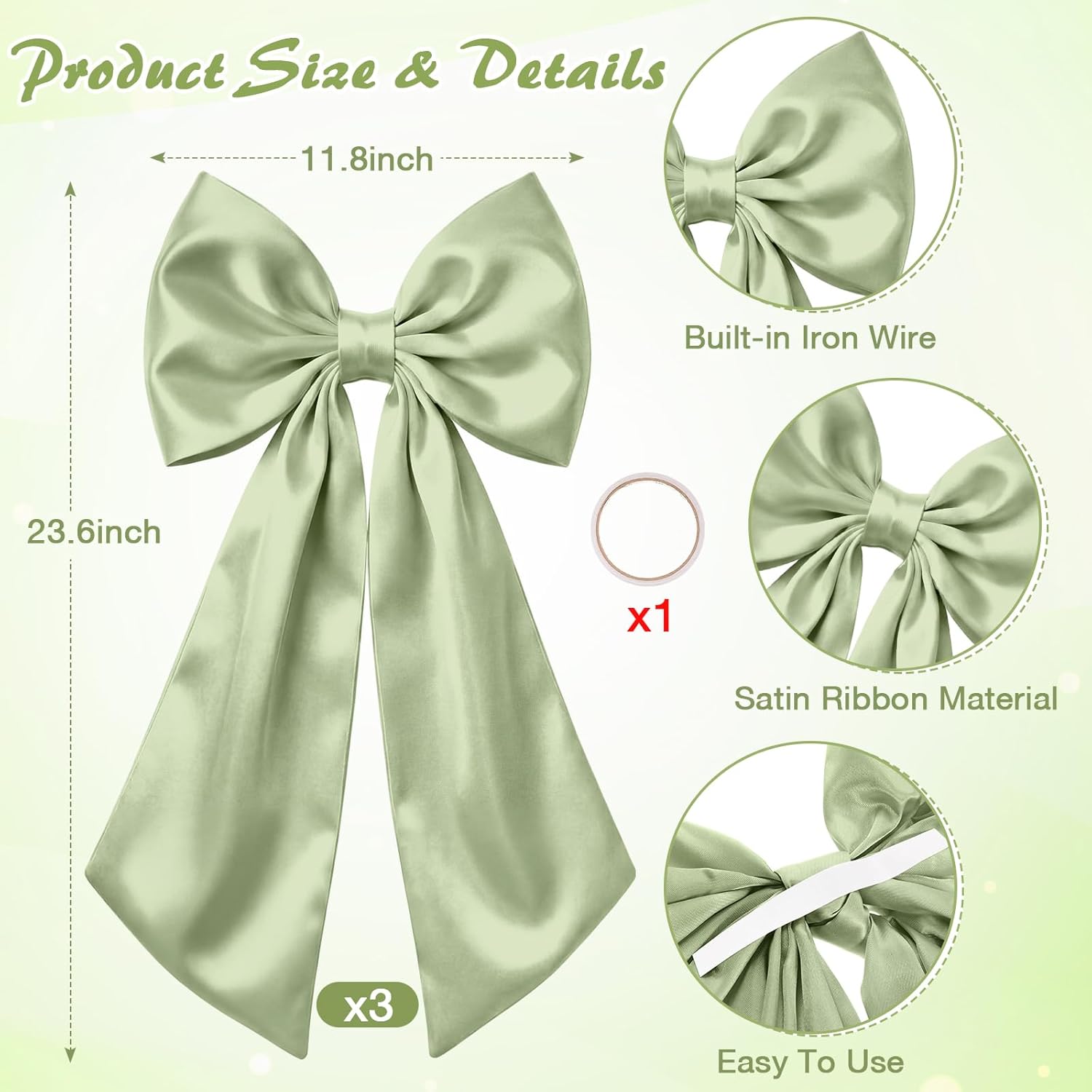 Suncalla Large Sage Green Satin Bow Decorations - 3 Pcs | 2 FT Hanging Wall Decor for Weddings & Parties