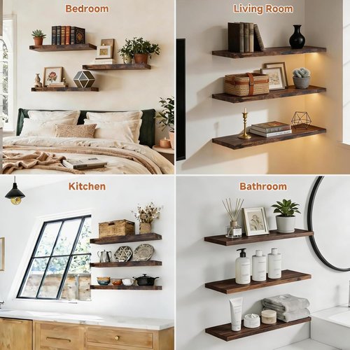 Lifetime Warranty Floating Shelves - Easy Install 15.7 Inch Wall Mounted Wooden Shelves | Set of 3 for Home Decor & Storage