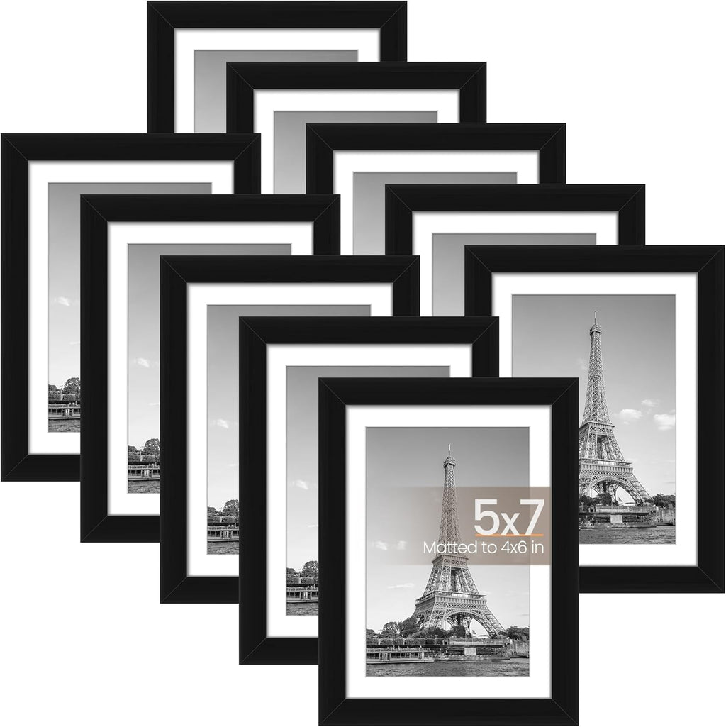 Upsimples 5x7 Picture Frame Set of 10 - Versatile Multi-Photo Collage Frames in Black for Wall or Tabletop Display