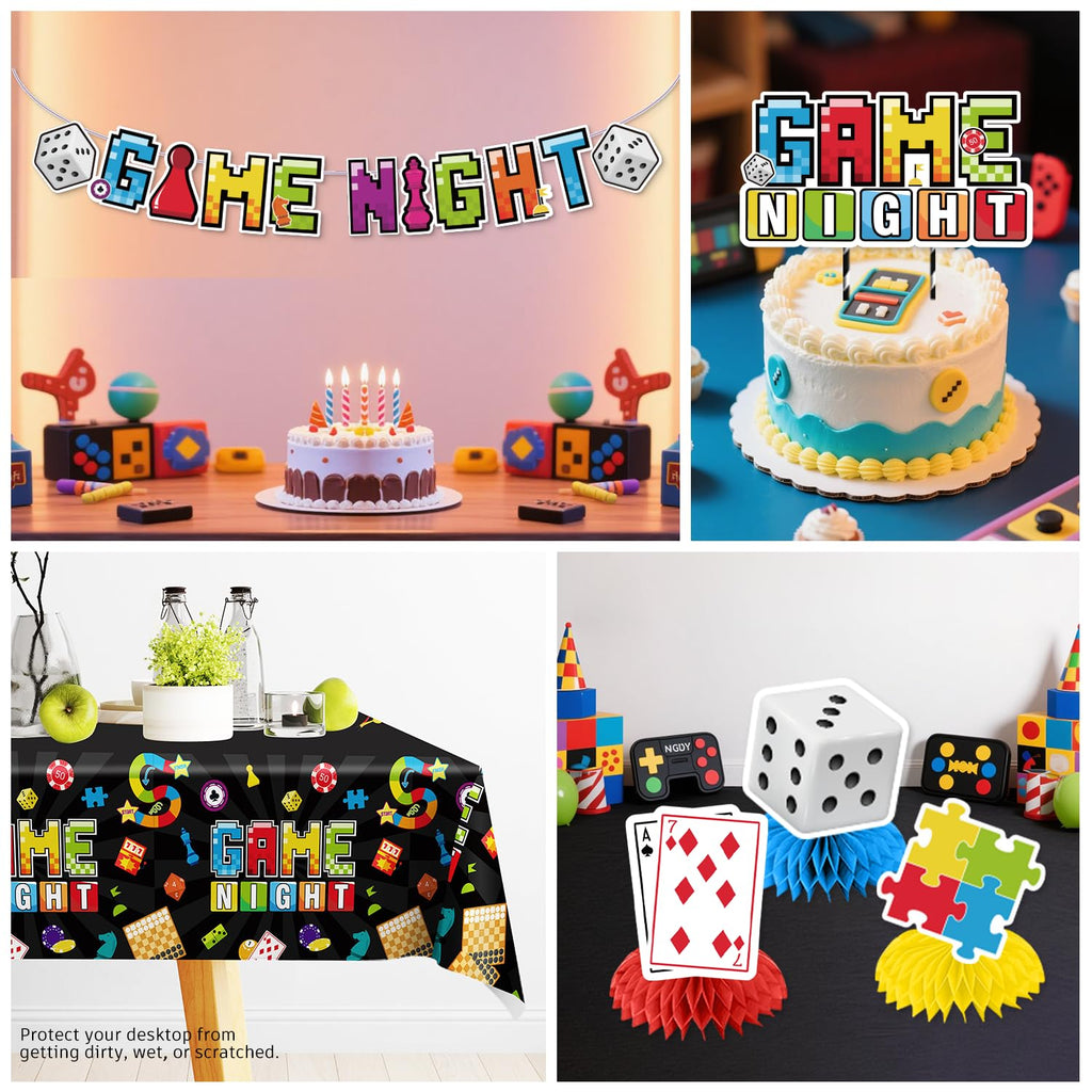 205Pcs Game Night Decorations Tableware, with Cake Toppers, 25 Serves Disposable Tableware Set, with Banner, Plates, Napkins, and Cups, Tablecloth for Family Game Night Party Decorations