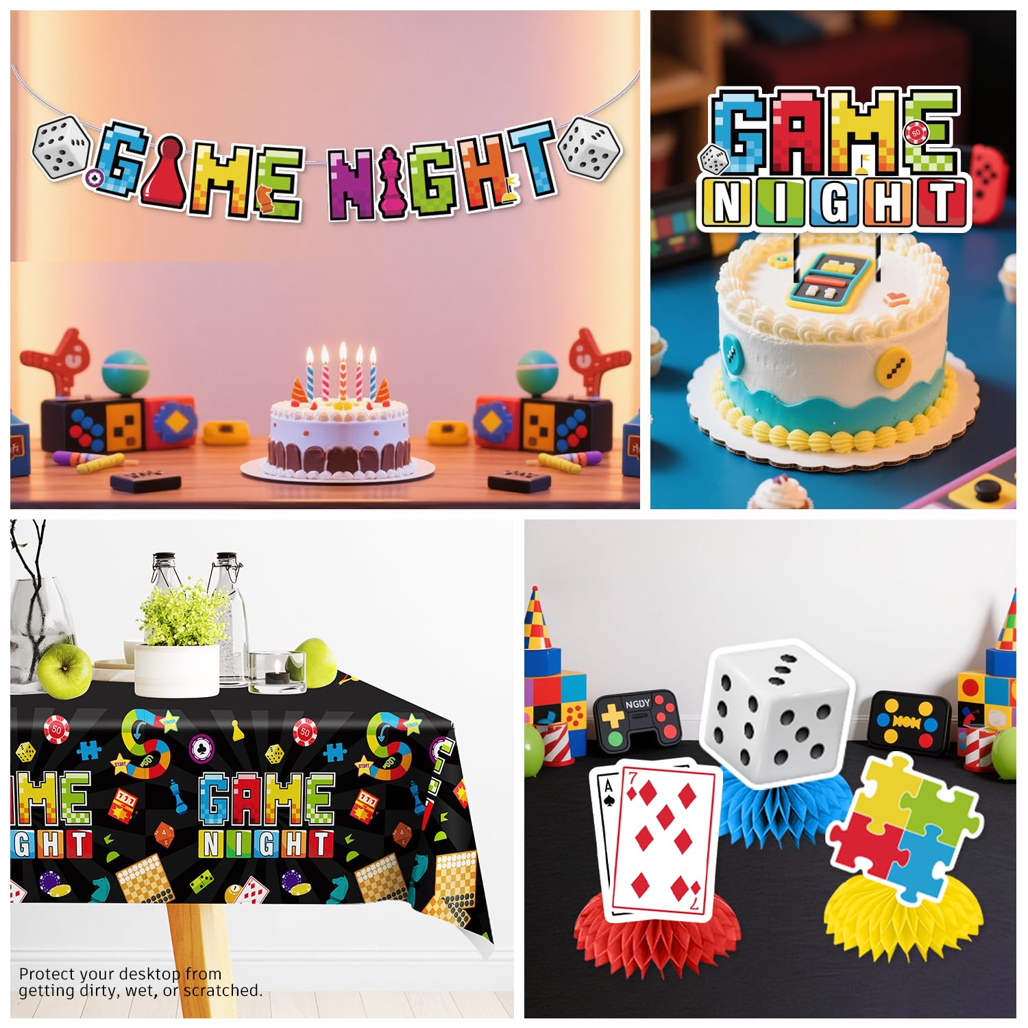 205Pcs Game Night Decorations Tableware, with Cake Toppers, 25 Serves Disposable Tableware Set, with Banner, Plates, Napkins, and Cups, Tablecloth for Family Game Night Party Decorations