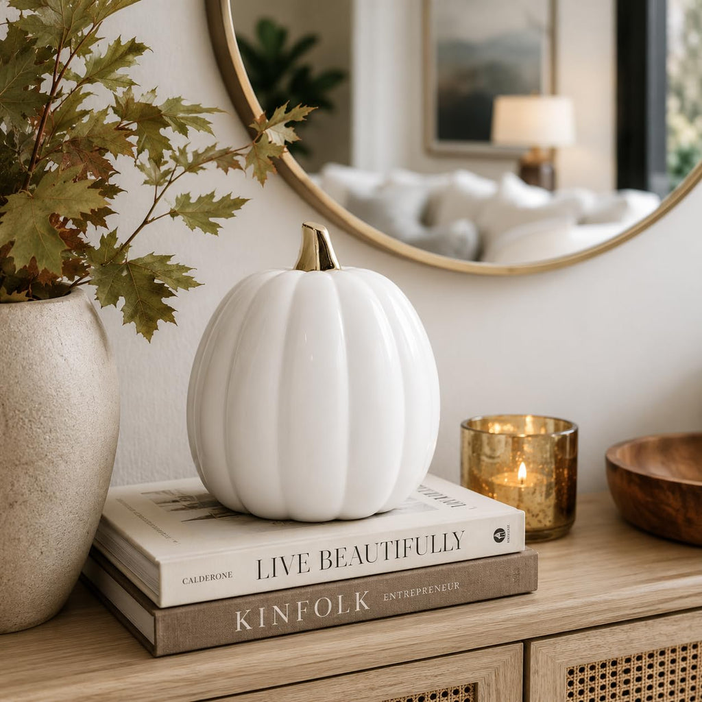 Pearhead Ceramic Pumpkin Fall Decor with Gold Stem, White
