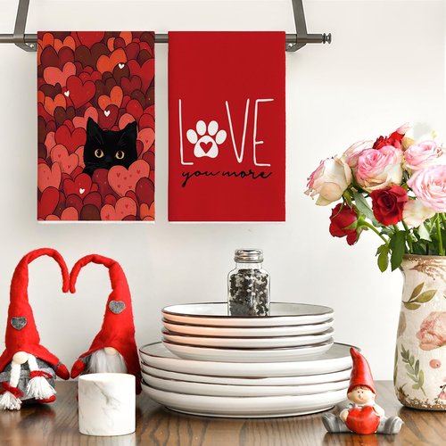 Artoid Mode Black Cats Red Hearts Paw Print Valentine's Kitchen Towels Dish Towels, 18x26 Inch Anniversary Wedding Decoration Cleaning Set of 4