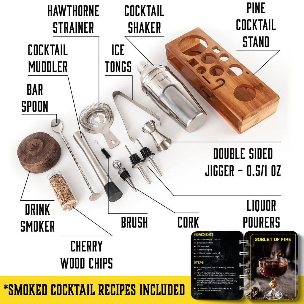 Bartender Kit with Whiskey Smoker - 13 pcs, Bamboo Stand - Bar Set with Cocktail Shaker, Bartending Kit with Essential Bar Accessory Tools, Wood Chips, Black Matte