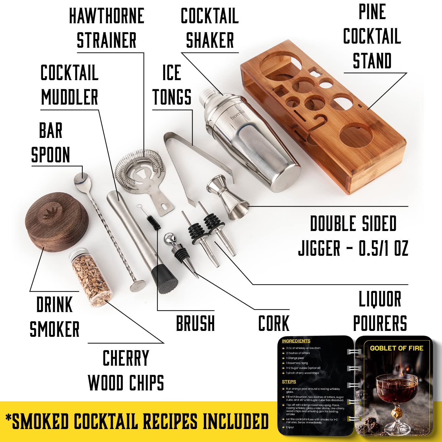 Bartender Kit with Whiskey Smoker - 13 pcs, Bamboo Stand - Bar Set with Cocktail Shaker, Bartending Kit with Essential Bar Accessory Tools, Wood Chips, Black Matte