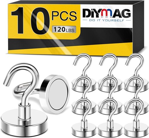 DIYMAG Magnetic Garage Hooks - Heavy Duty 120lbs Capacity | 10 Pack for Kitchen, Classroom & Grills