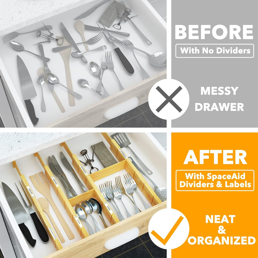 SpaceAid Bamboo Drawer Dividers - Adjustable Kitchen Organizers with Inserts & Labels | 4 Dividers (17"-22" Natural)