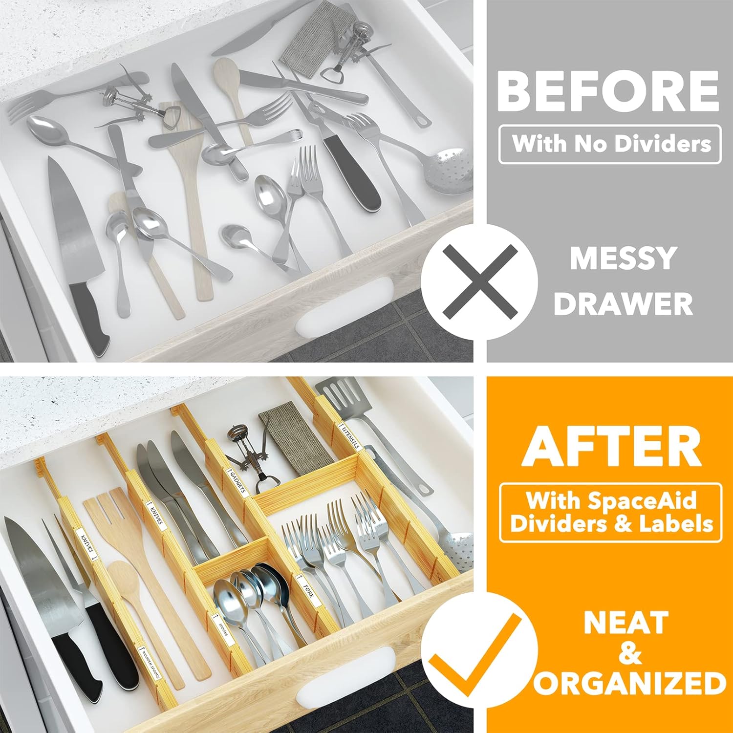 SpaceAid Bamboo Drawer Dividers - Adjustable Kitchen Organizers with Inserts & Labels | 4 Dividers (17"-22" Natural)