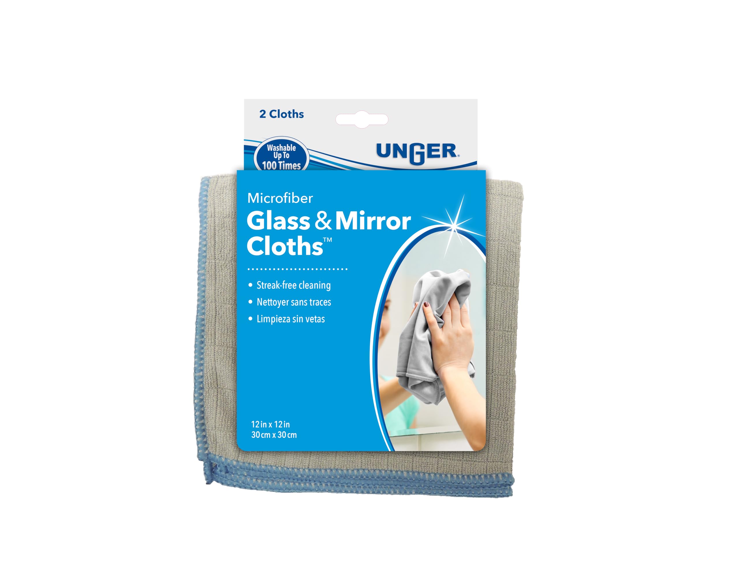 Unger 12” x 12” Microfiber Glass and Mirror Cloths, 2 Pack, Wet and Dry Cleaning Towels, Reusable Supplies, Window Cleaner Polishing Cloth with Streak-Free Results