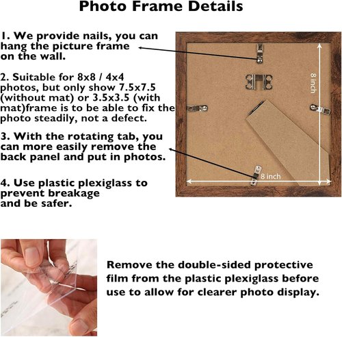 JCJMY 8x8 Picture Frame Set of 6 - Versatile Wall Hanging & Tabletop Display, Deep Brown Wood Finish