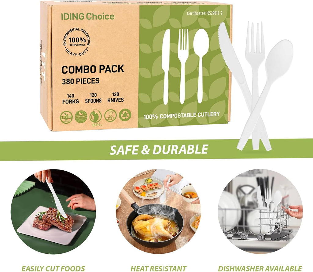 Skiennix 380 Count Heavy Duty Compostable Cutlery Set - Eco-Friendly Silverware for Events | Forks, Spoons & Knives