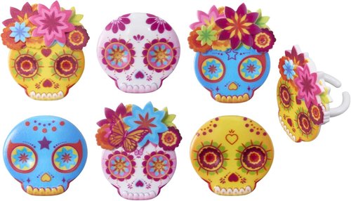 DecoPac Calavera Mask Cupcake Toppers - 24 Día de los Muertos Skull Rings for Celebrations & Parties