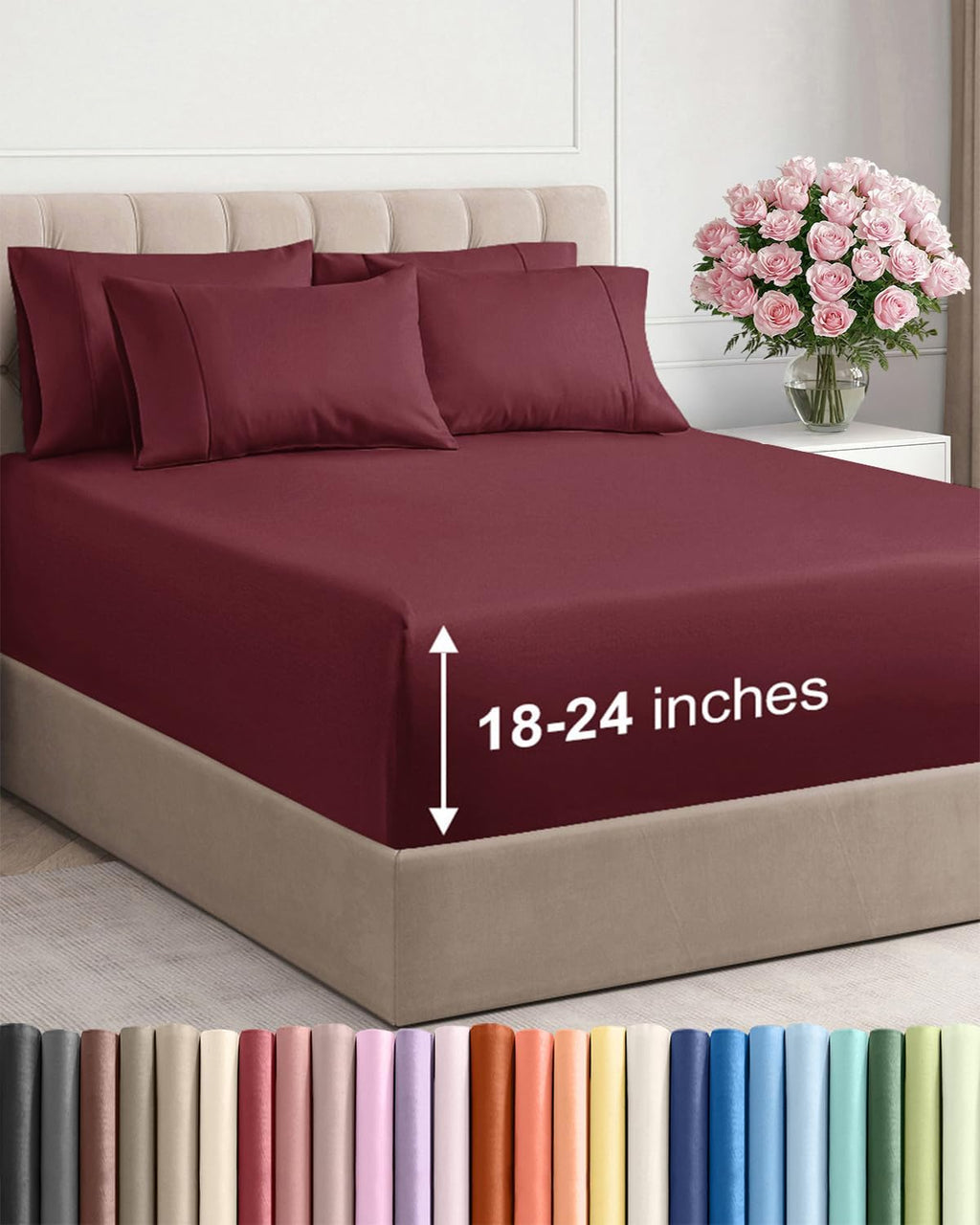 Skiennix Extra Deep Full Sheet Set | 6-Piece Breathable Cooling Bedding - Soft, Wrinkle-Free - Burgundy