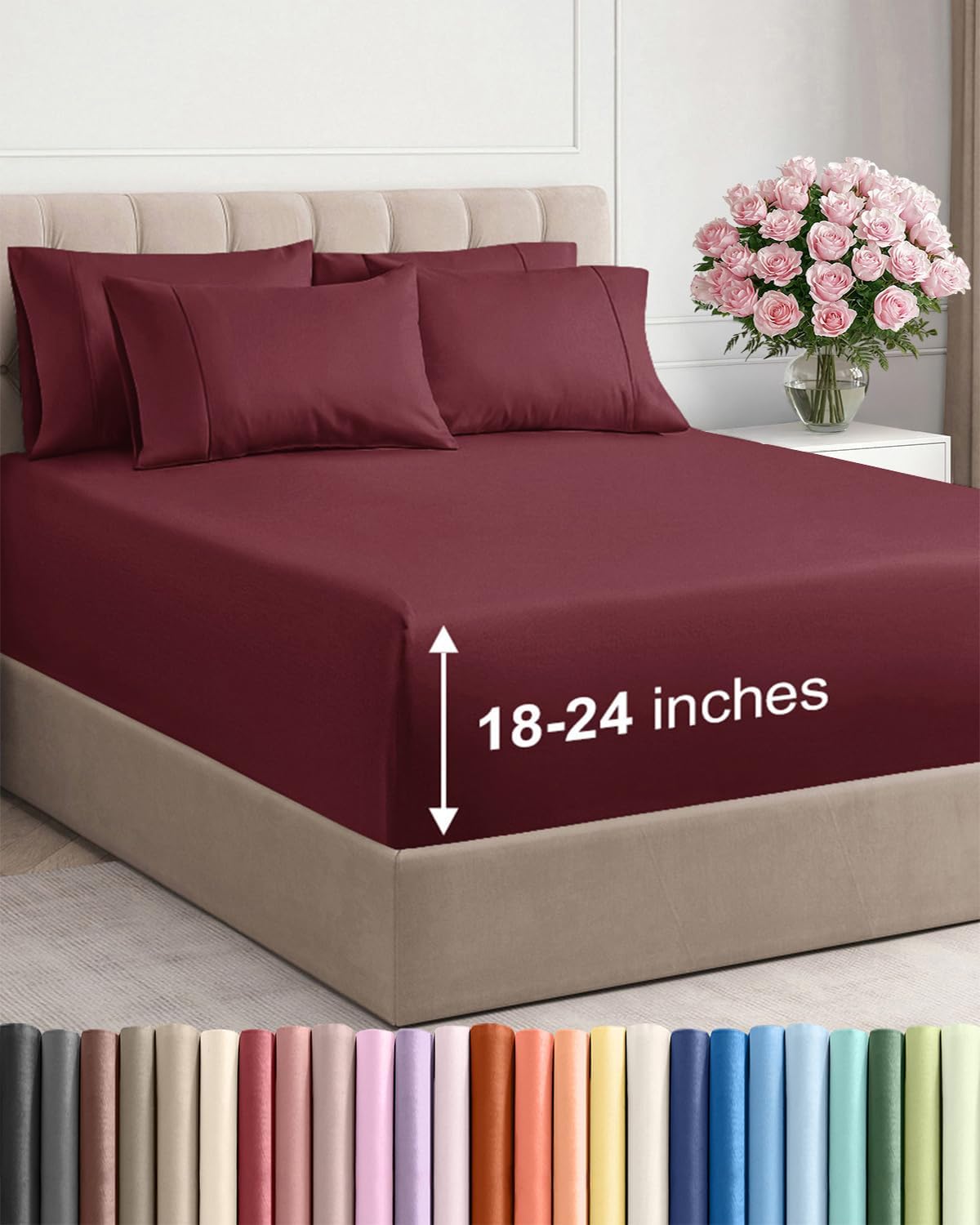 Skiennix Extra Deep Full Sheet Set | 6-Piece Breathable Cooling Bedding - Soft, Wrinkle-Free - Burgundy