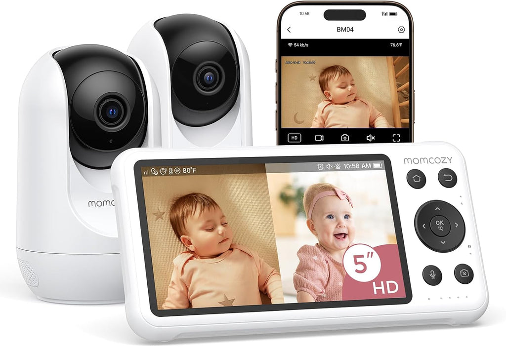 Momcozy BM04 Smart WiFi Baby Monitor - 2 Cameras, 5" 1080P Split Screen, Night Vision & 2-Way Audio