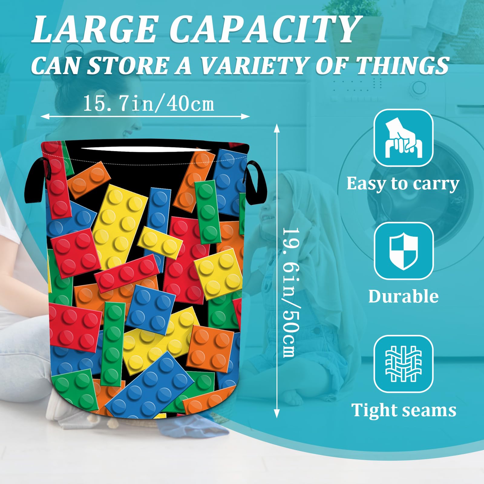 Colorful Building Blocks Laundry Basket, Funny Bricks Laundry Hamper Foldable Waterproof Tote Bag Dirty Clothes Storage Bucket Toy Organizer for Bathroom/Laundry/Bedroom 15.7"x19.6"