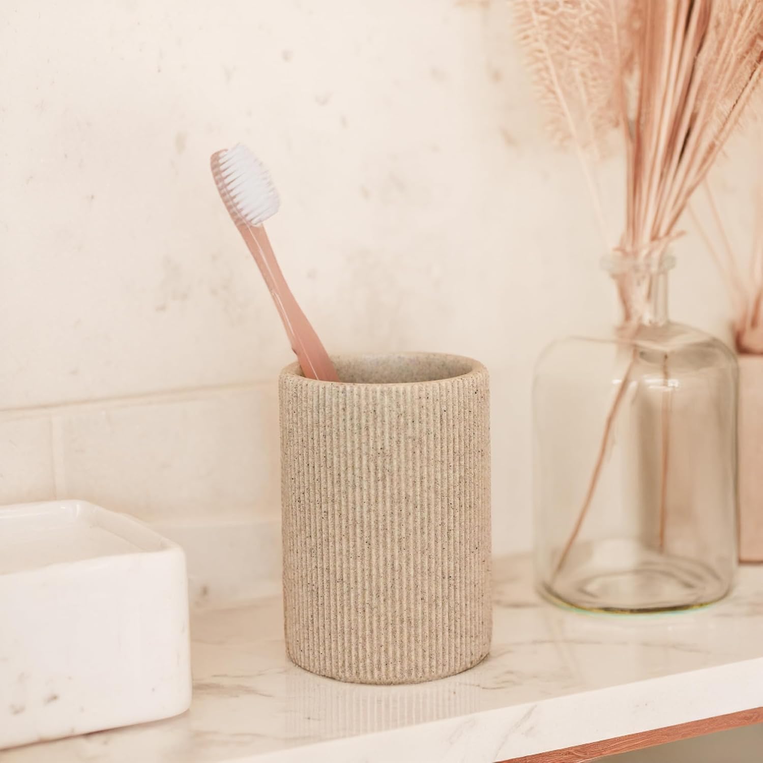 Skiennix Toothbrush Holder - Modern Sand Beige Bathroom Organizer | Rust-Proof Unbreakable Resin