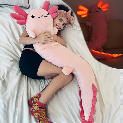 Tezituor Pink Axolotl Stuffed Animal for Valentine's Day, 48 inch Glow-in-Dark Plush Toy Body Pillow for Kids Adults Girls 6-12, 4ft Large Stuffed Salamander Axolotl Lovers Gifts Christmas Easter