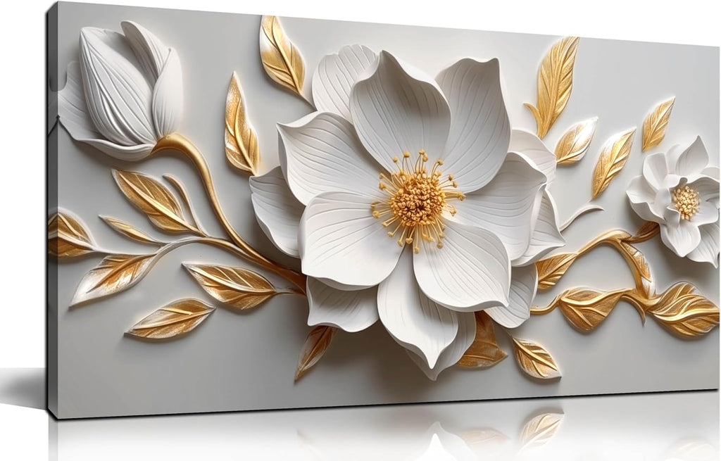 Skiennix Canvas Wall Art - Large White and Gold Floral Artwork for Living Room | 20x40 In Framed Decor