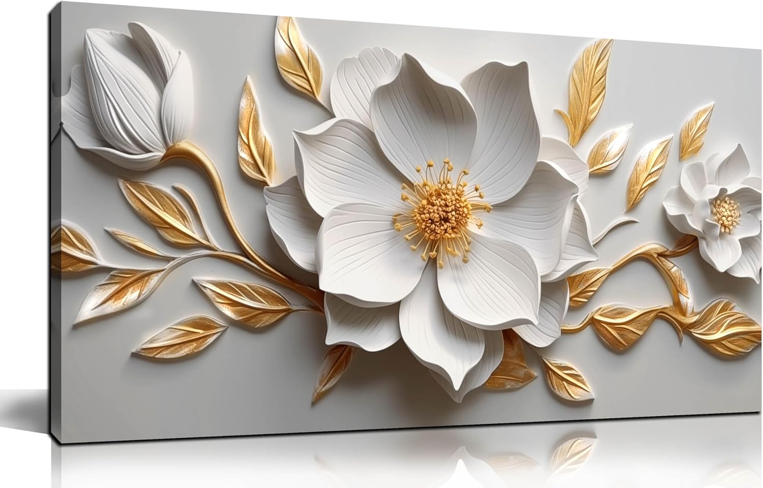 Skiennix Canvas Wall Art - Large White and Gold Floral Artwork for Living Room | 20x40 In Framed Decor