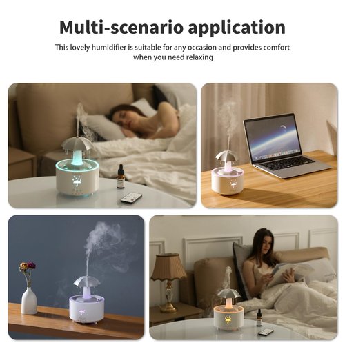Humidifiers for Bedroom,Aromatherapy Essential Oils Diffuser,Quiet Ultrasonic Clouds and Cool Mist Humidifier, 7 Colors Breathing LED Light,Rotating Umbrella Rain Drops,Ideal Holiday Gifts for Home