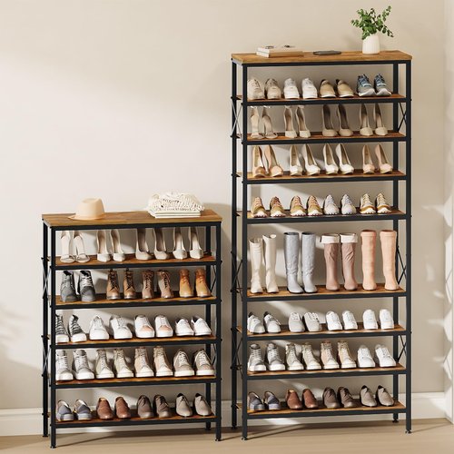 YATINEY 6-Tier Tall Shoe Rack Organizer, Wooden Shoe Storage for Closet Holds 24 Pairs, Sturdy Shoe Shelf with X-Shaped Metal Support, for Entryway, Bedroom, Rustic Brown and Black SS206BR