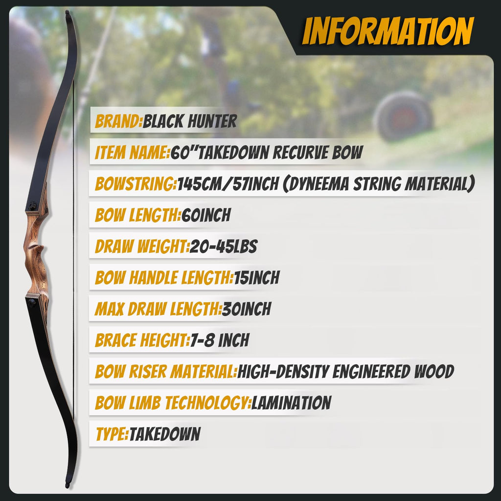 60" Black Hunter Takedown Archery Recurve Bow Set for Adults Youth and Beginners Technical Wood Riser and Laminated Bow Limbs 20-60lbs for Archery Practice Hunting Competition Right Hand (30lbs)
