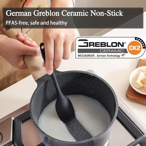 Greblon 2 Quart Nonstick Saucepan with Lid - Non Toxic Ceramic Cookware, Induction Compatible
