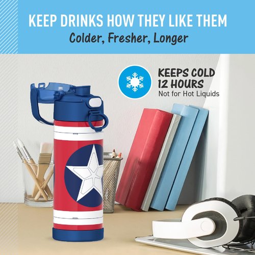 THERMOS FUNTAINER 16 Ounce Stainless Steel Vacuum Insulated Bottle with Wide Spout Lid, Captain America: Brave New World Movie