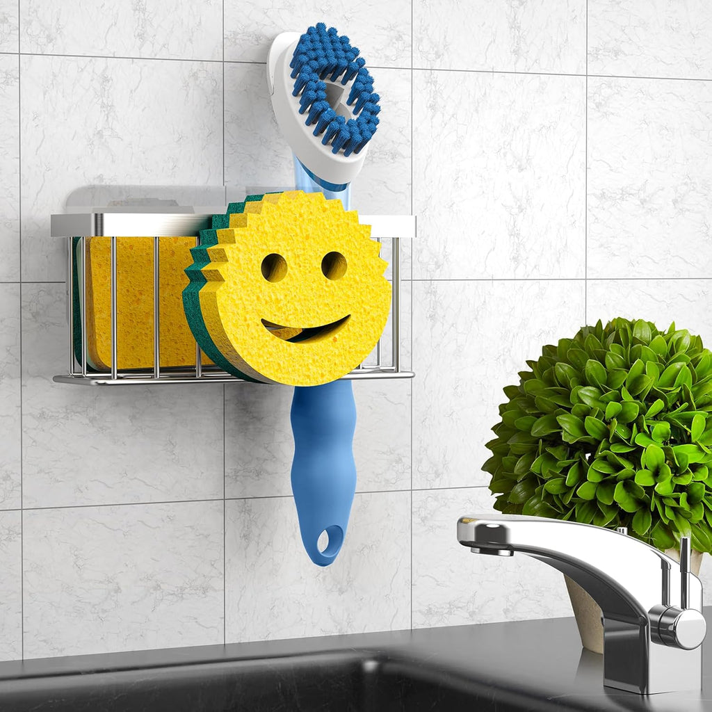 MURLONG Sponge Holder - Smiley Face Sink Caddy with 2 Suction Cups & Adhesive Strips | Silver